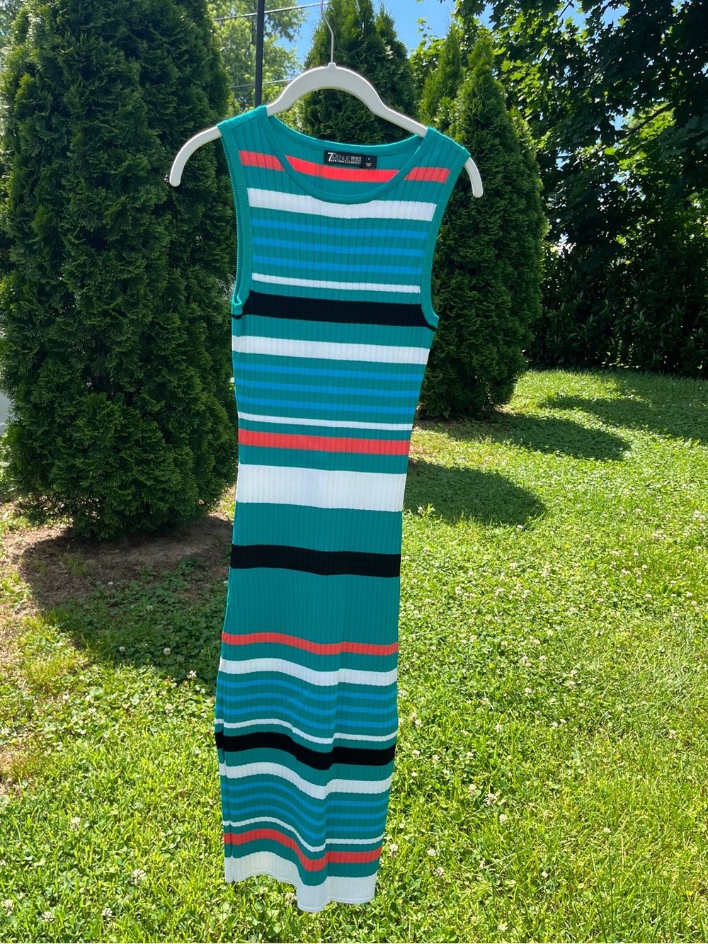 New York & Company Teal, Black, White & Coral Striped Sleeveless Maxi Dress
